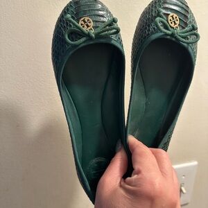 Tory Burch Green Flats with Gold Logo
